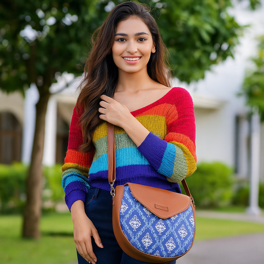 Blue Crossbody Sling Bag – Handcrafted Printed Purse with Adjustable Strap
