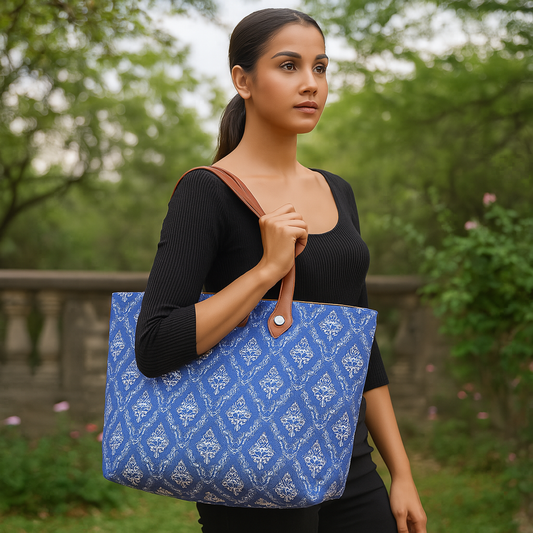 Blue Handcrafted Printed Tote Bag for Women – Chic Shoulder Satchel & Daily Purse