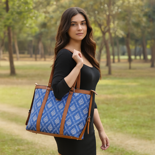 Blue Handcrafted Printed Laptop Bag for Women – Tote Satchel Purse for Work & Daily Use