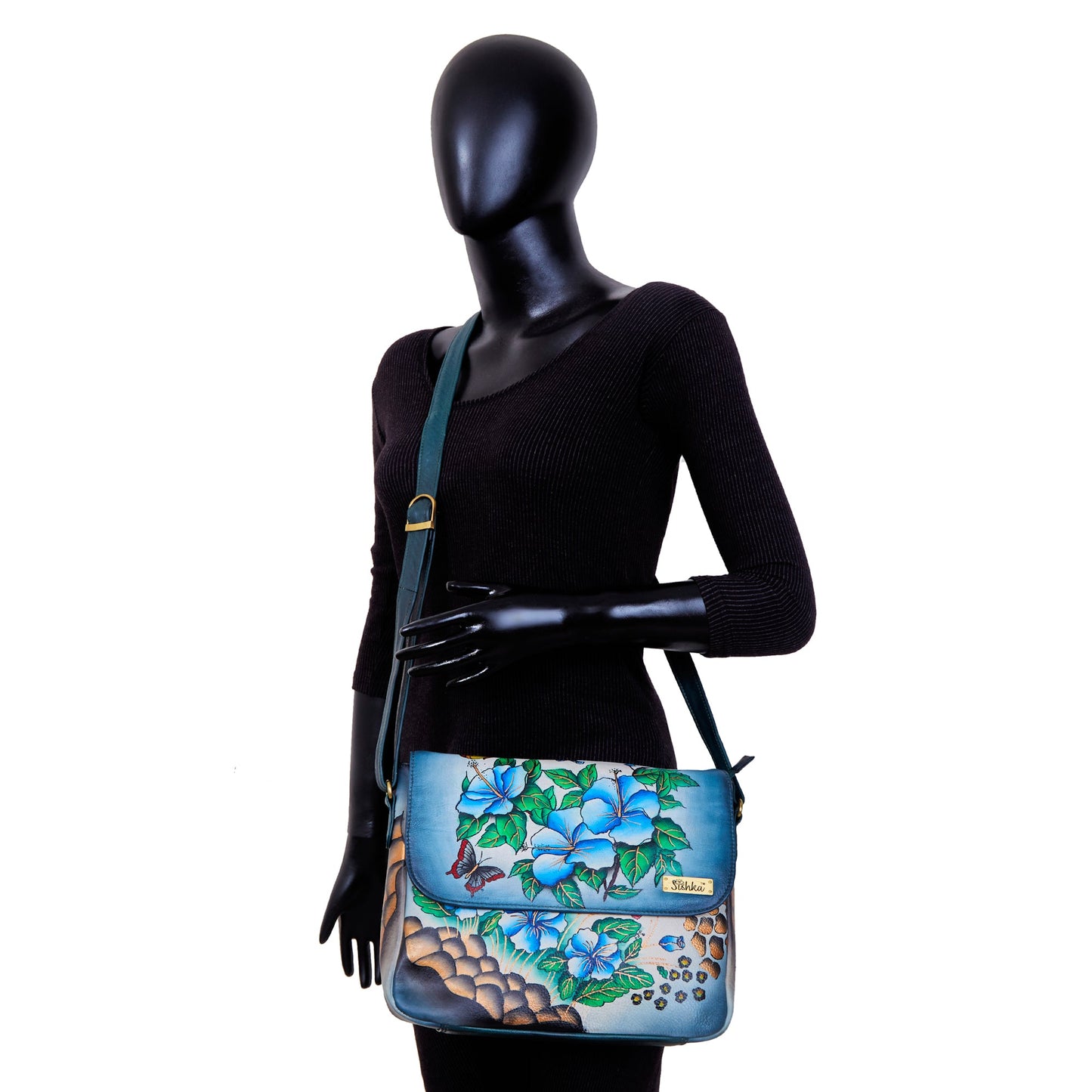 Women’s Floral Design Hand-Painted Leather Messenger Bag