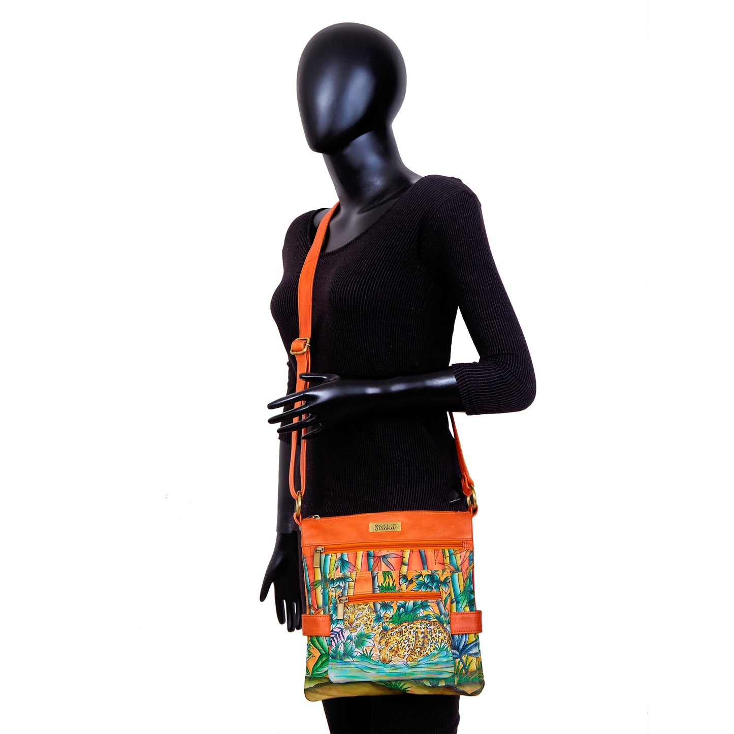 Bamboo & Cheetah Hand-Painted Leather Crossbody Bag - Orange