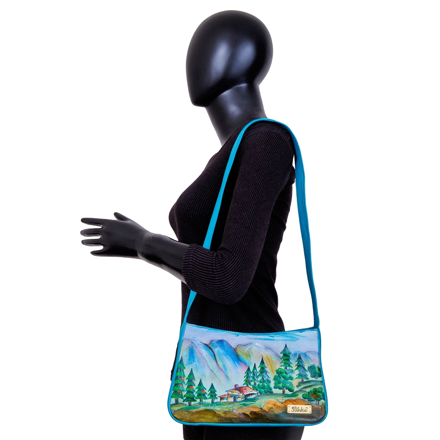 Mountain Landscape hand Painted Leather Shoulder Bag