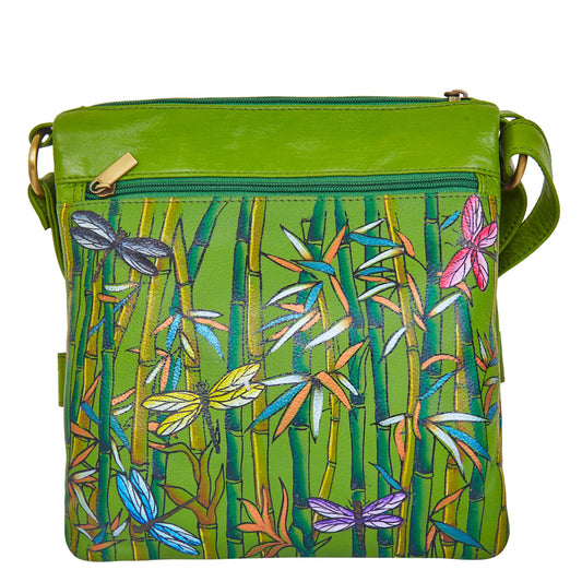 Bamboo and Dragonfly Hand-Painted Leather Crossbody Bag - Green