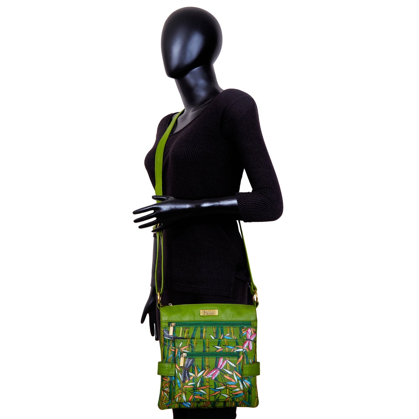 Bamboo and Dragonfly Hand-Painted Leather Crossbody Bag - Green