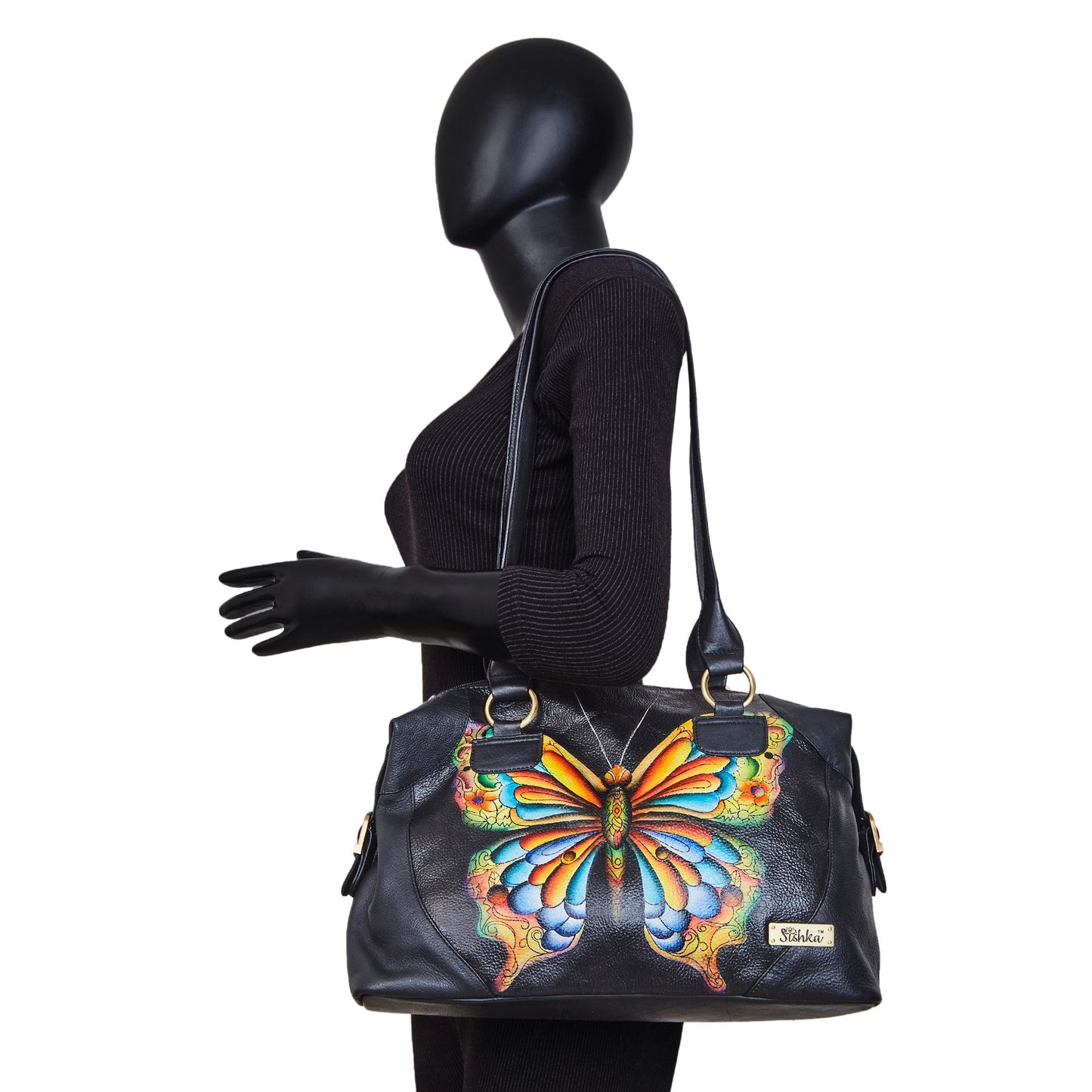 Hand-painted Leather Tote Bag with a Vibrant Butterfly Design