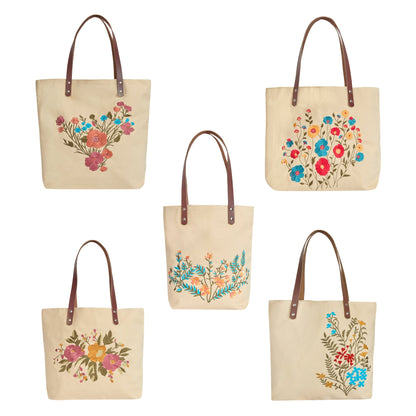 Floral Embroidered Canvas Tote for Women with Cotton Lining & Leather Handle—Travel, Beach & Daily Use, Shoulder Bag- Pack of 5