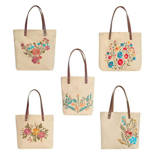 Floral Embroidered Canvas Tote for Women with Cotton Lining & Leather Handle—Travel, Beach & Daily Use, Shoulder Bag- Pack of 5