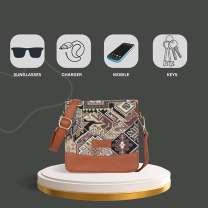 Geometric Tapestry Crossbody Bag – Women Sling Shoulder Purse with Vegan Leather Trim Handle