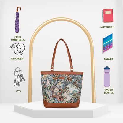 Women’s Botanical Design Tapestry Tote Bag – Vegan Leather Shoulder Satchel with Top Handle for Everyday Carry