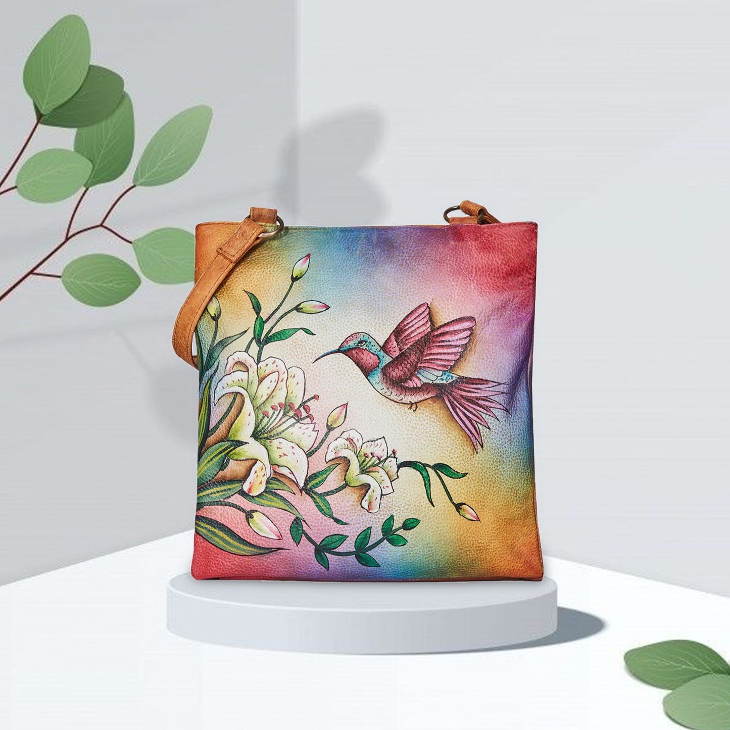 Hand-Painted Leather Shoulder Bag - Hummingbird Artwork