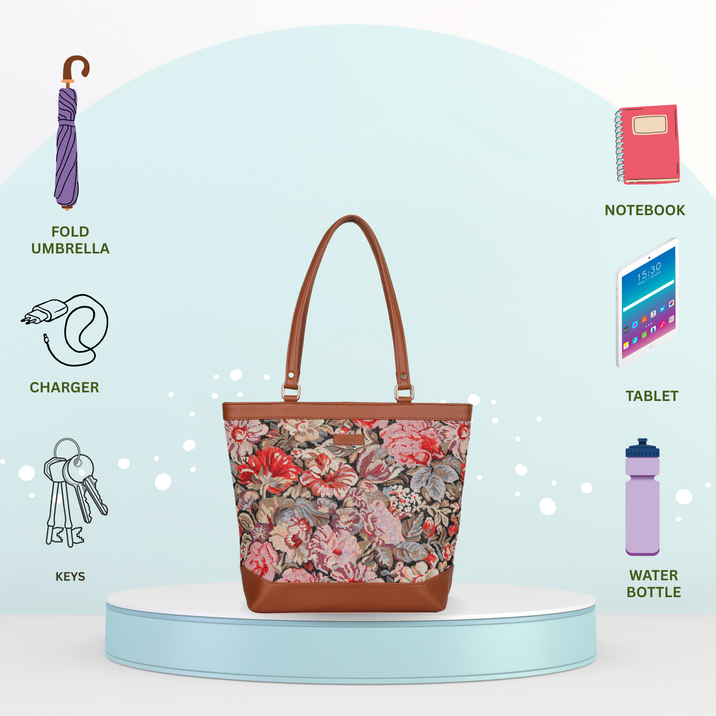 Women Floral Tapestry Tote Bag – Vegan Leather-Trimmed Shoulder Handbag with Top Handle for Daily Use