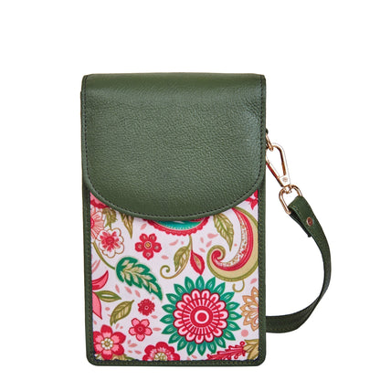 Paisley Elegance Women's Cell Phone Crossbody Wallet with Genuine Leather Details