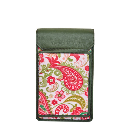 Paisley Elegance Women's Cell Phone Crossbody Wallet with Genuine Leather Details