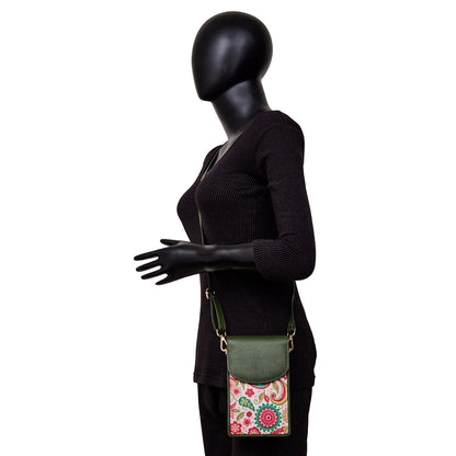 Paisley Elegance Women's Cell Phone Crossbody Wallet with Genuine Leather Details