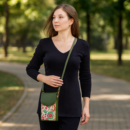 Paisley Elegance Women's Cell Phone Crossbody Wallet with Genuine Leather Details