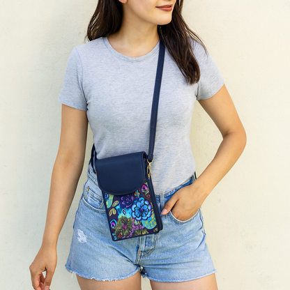Vibrant Floral Crossbody Wallet with Leather Trim for Women’s Travel