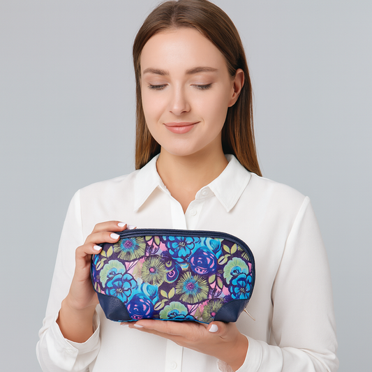 Ladies' Cosmetic Bag with Genuine Leather Accents and Floral Print for Travel Organization