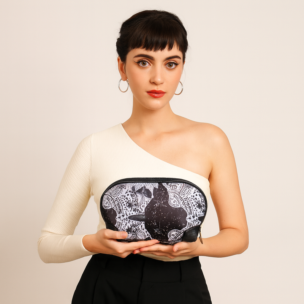 Monochrome Cosmetic Bag with Leather Detailing for Ladies