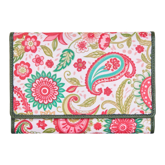 Paisley Pattern Trifold Wallet and Organizer with Leather Accents for Women