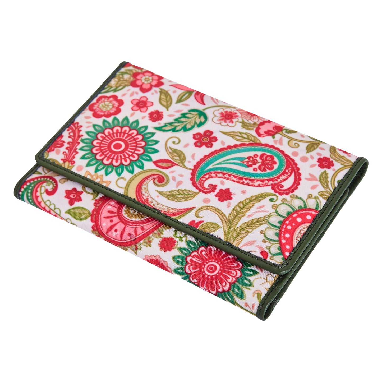 Paisley Pattern Trifold Wallet and Organizer with Leather Accents for Women