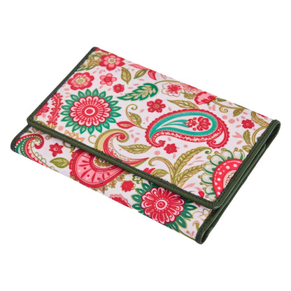 Paisley Pattern Trifold Wallet and Organizer with Leather Accents for Women