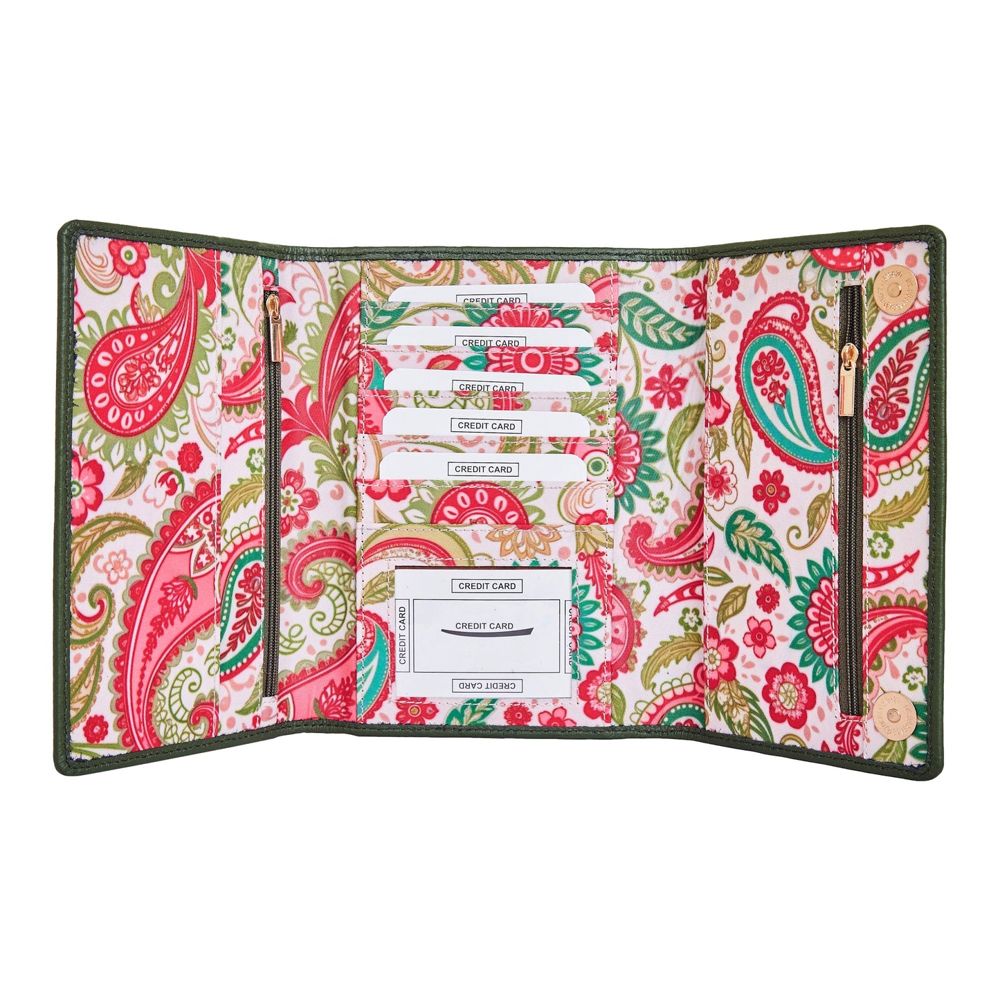 Paisley Pattern Trifold Wallet and Organizer with Leather Accents for Women