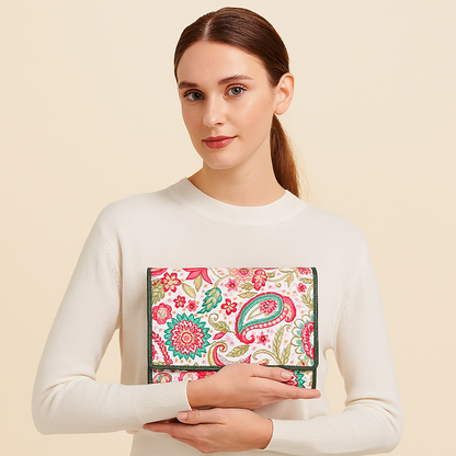 Paisley Pattern Trifold Wallet and Organizer with Leather Accents for Women