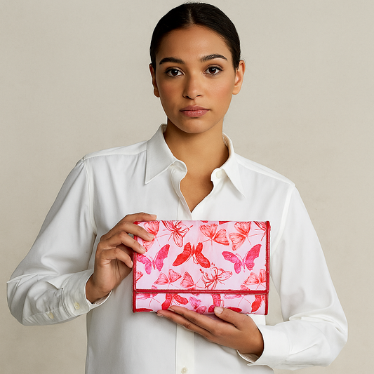 Women’s Travel Organizer – Vibrant Butterfly Print and Leather Trim