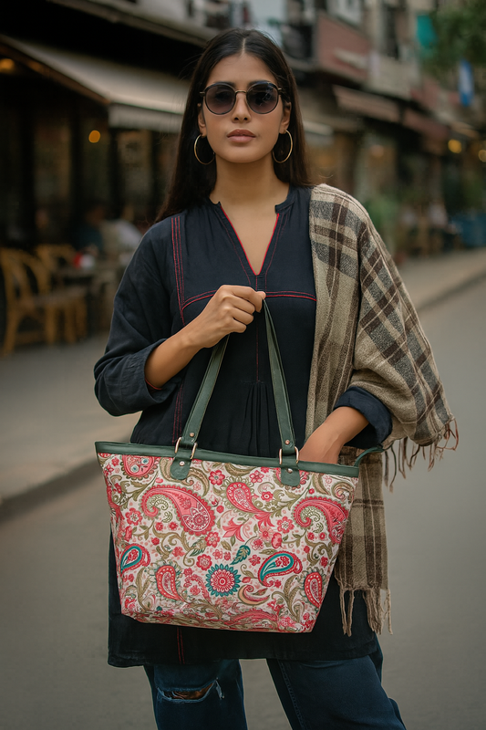 Paisley Print Leather Trim and Zip Closure – Tote Bag