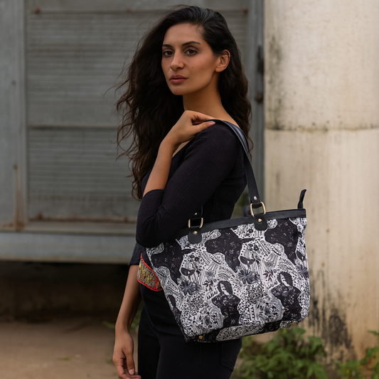 Leather Trim & Zip Closure – Monochrome Print Tote for Women
