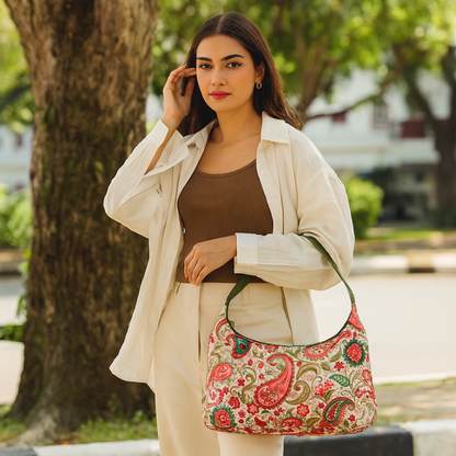 Fabric Sling Hobo Bag for Women with Leather Accents and Paisley Design