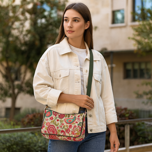 Women's East/West Paisley Print Hobo with Strap and Leather Details