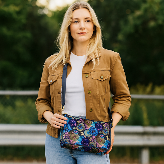 Floral Print Hobo Bag with Leather Trim and an Adjustable Strap for Ladies