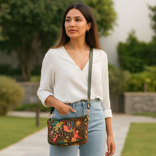Sea Themed East/West ladies' Hobo bag with Leather and Adjustable Strap
