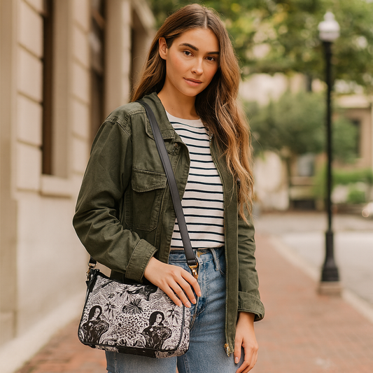East/West Ladies Hobo in Black and White with Leather Trim