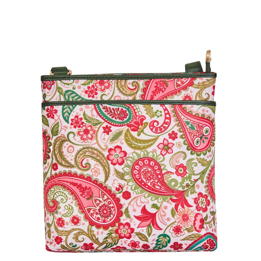 Crossbody Bag with Leather Trim and Paisley Print Fabric for Women