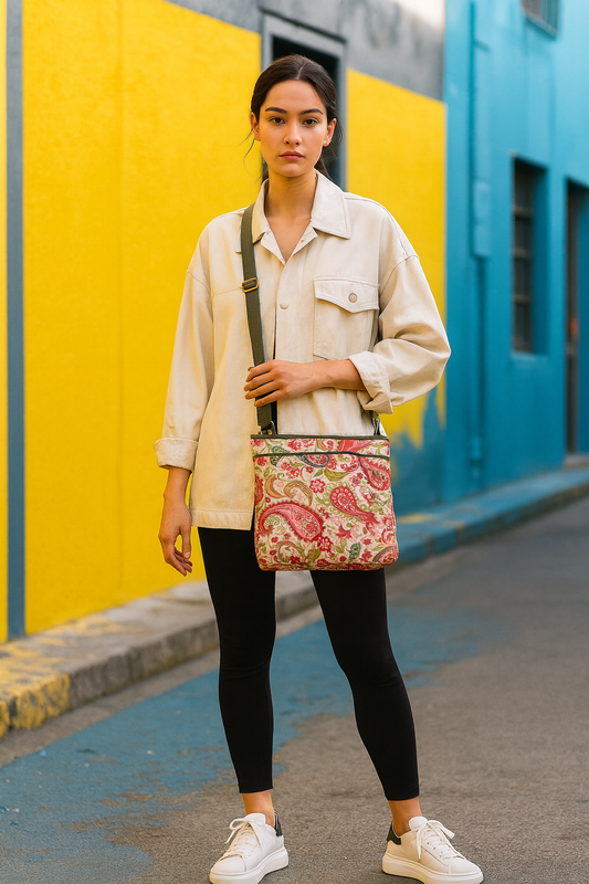 Crossbody Bag with Leather Trim and Paisley Print Fabric for Women