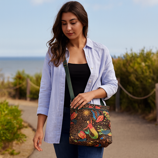 Ladies Coastal-Inspired Fabric Crossbody Bag with Leather Accents