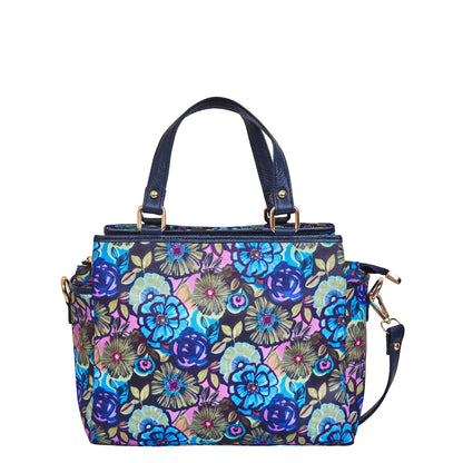 Multi-Compartment Botanical Print Satchel Bag with Leather Trim