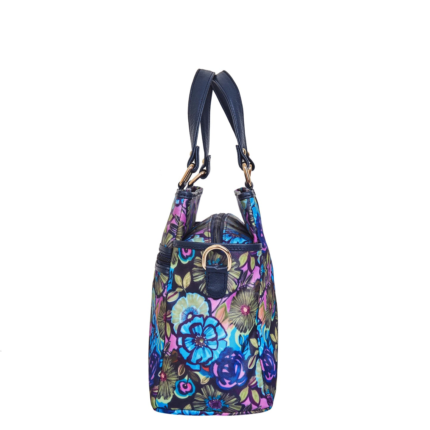 Multi-Compartment Botanical Print Satchel Bag with Leather Trim