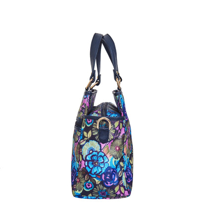 Multi-Compartment Botanical Print Satchel Bag with Leather Trim