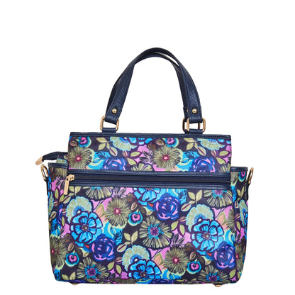 Multi-Compartment Botanical Print Satchel Bag with Leather Trim