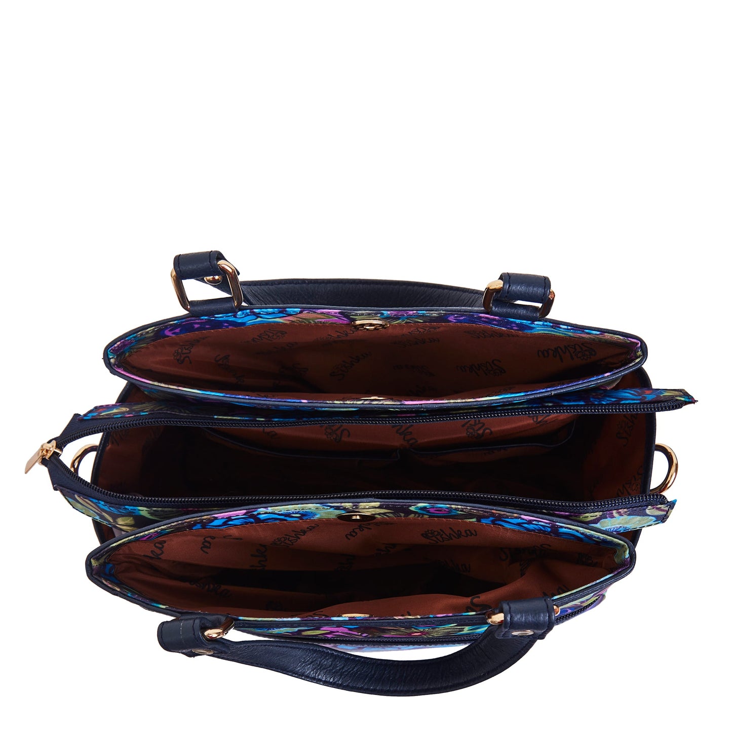 Multi-Compartment Botanical Print Satchel Bag with Leather Trim