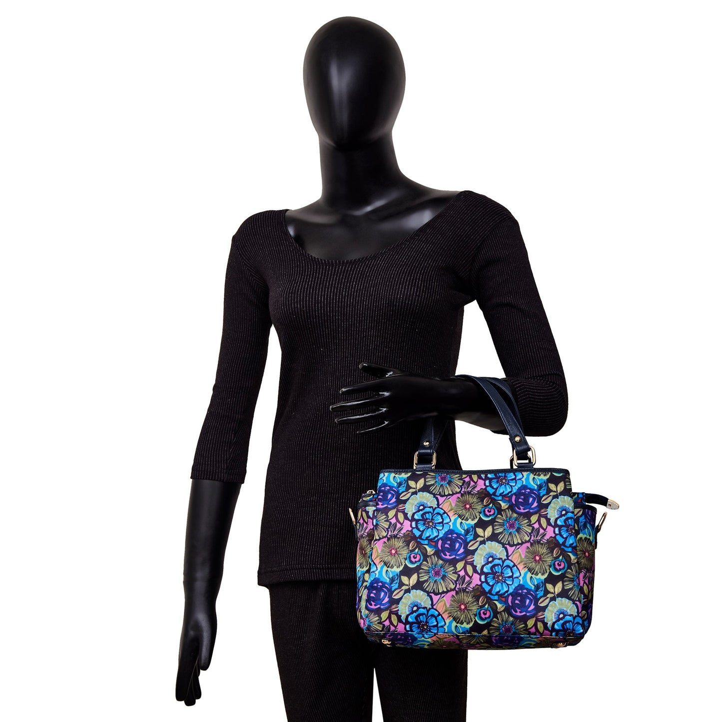 Multi-Compartment Botanical Print Satchel Bag with Leather Trim