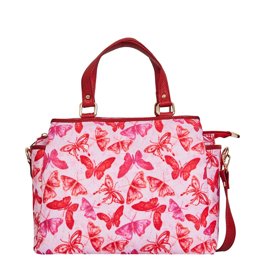 Women's Satchel Bag with Butterfly Wings Print and Geniune  Leather Details
