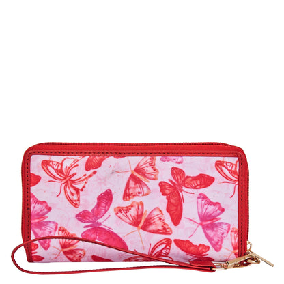 Ladies' Bold Butterfly Print Travel Wristlet with Leather Detailing for a Statement Look