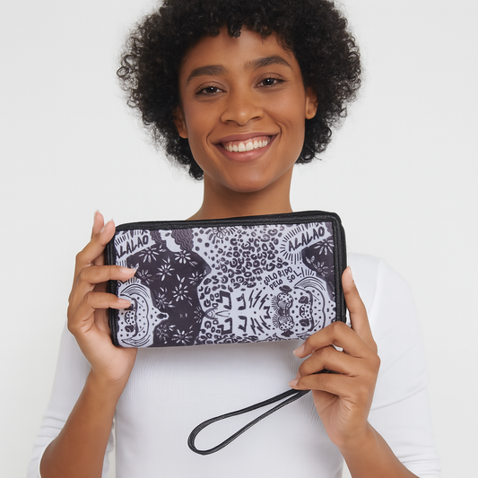 Wristlet Travel Wallet with Leather Trim –  Black and White Prints for Ladies