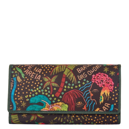 Seaside-Inspired Tri-Fold Wallet with Leather Outer Trim for Women