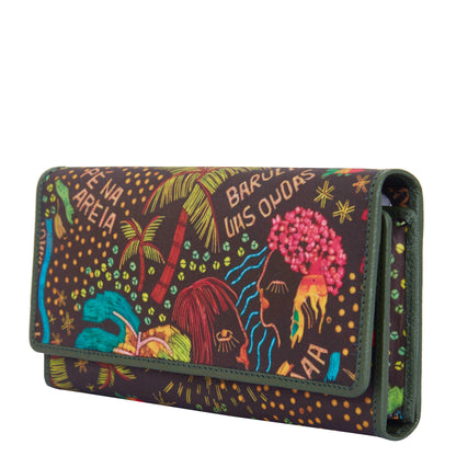 Seaside-Inspired Tri-Fold Wallet with Leather Outer Trim for Women