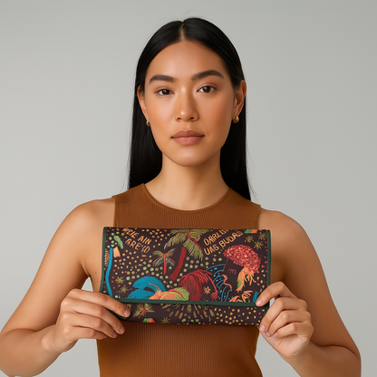 Seaside-Inspired Tri-Fold Wallet with Leather Outer Trim for Women